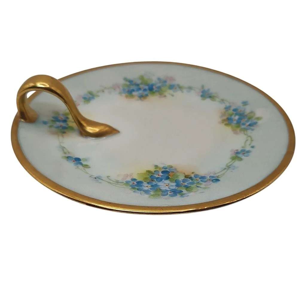 Antique Bavaria Nappy Lemon Dish Blue Hand‎ Painted Floral Gold Trim Handle SEE